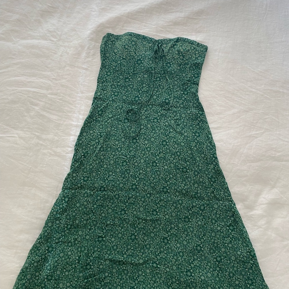 Reformation Green Strapless Midi Dress with Micro Floral